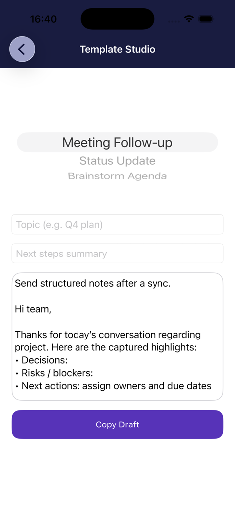Quick Tools: Daily Life - Meeting follow up template in the Template Studio feature