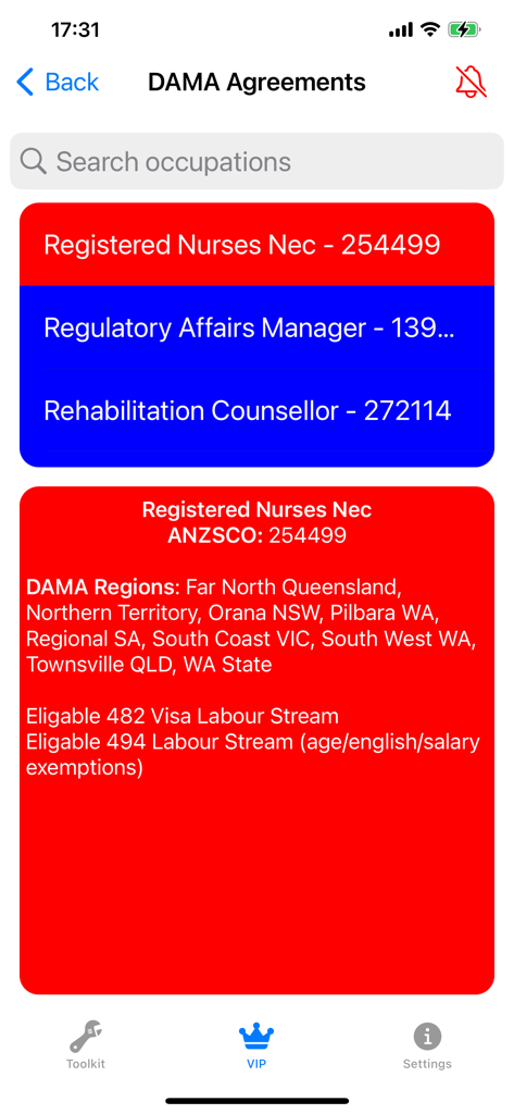 A list of DAMA occupations in the Aussie Visa Mate app showing eligibility details for registered nurses across different Australian regions