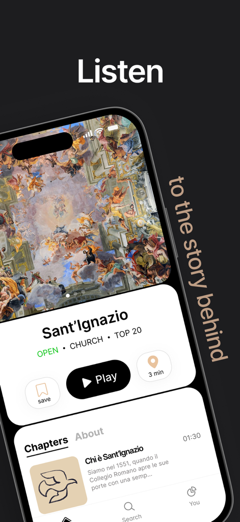 Cicero: Genius Travel App - Schermata dello smartphone che mostra l'interfaccia dell'app Cicero con una storia audio per la chiesa di Sant'Ignazio e un pulsante di riproduzione.