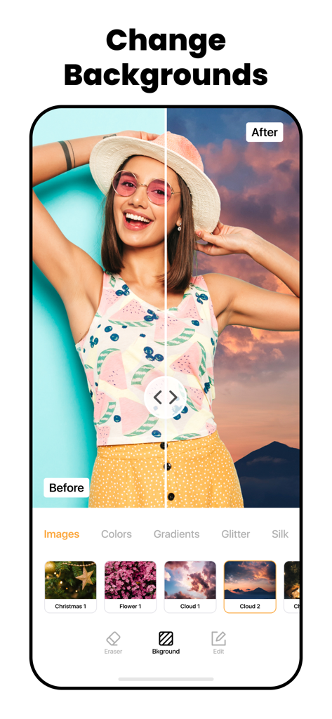 Interface of Magic AI Background Eraser showing a before and after comparison of a woman portrait with a sunset sky background