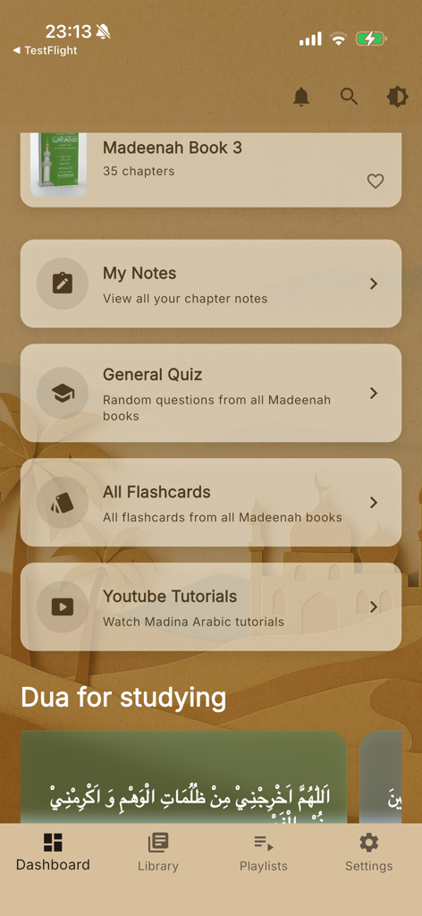 Madeenah Books - Dashboard of the Madeenah Books app showing study modules for notes, quizzes, and flashcards.