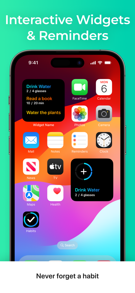 HabitApp: Habit Tracker - HabitApp interactive widgets and reminders on an iPhone home screen for tracking habits like drinking water and reading.