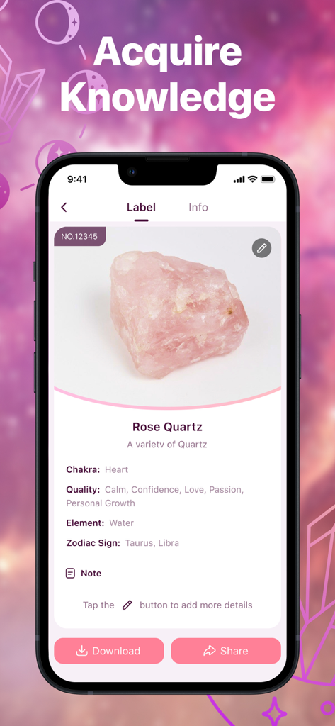 Healing Pal app screen showing detailed properties of a Rose Quartz crystal including its chakra and zodiac associations