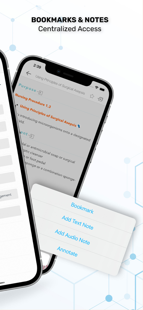 Mobile app interface showing options to add bookmarks, text notes, audio notes, and annotations for nursing procedures.