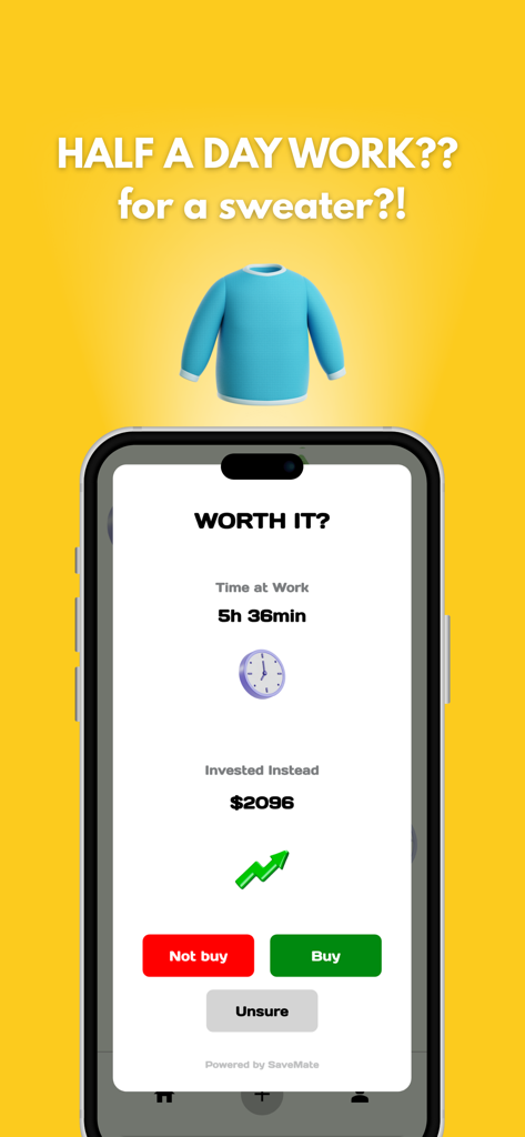 SaveMate - Savings Tracker - Pantalla de la aplicación SaveMate que compara el costo de un suéter en horas de trabajo versus el valor futuro de la inversión