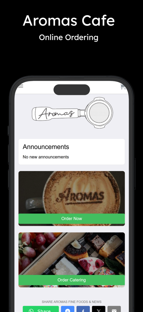 Aromas Cafe - Aromas Cafe mobile app home screen with order now and catering options