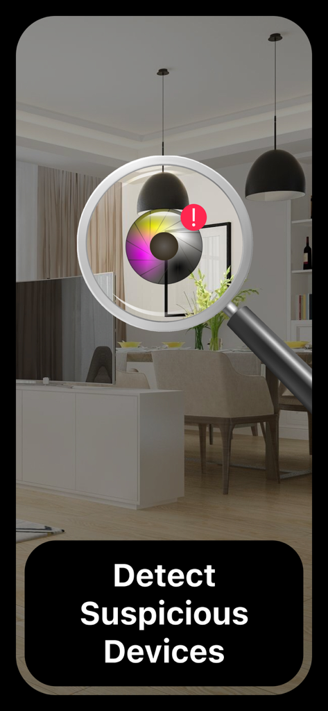 Hidden Device－Detector, Camera - Interfaz de la aplicación Hidden Device Detector mostrando una lupa escaneando una habitación para detectar dispositivos sospechosos.
