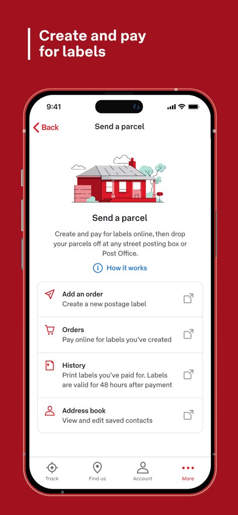 Australia Post - Australia Post mobile app screen for sending a parcel and creating postage labels