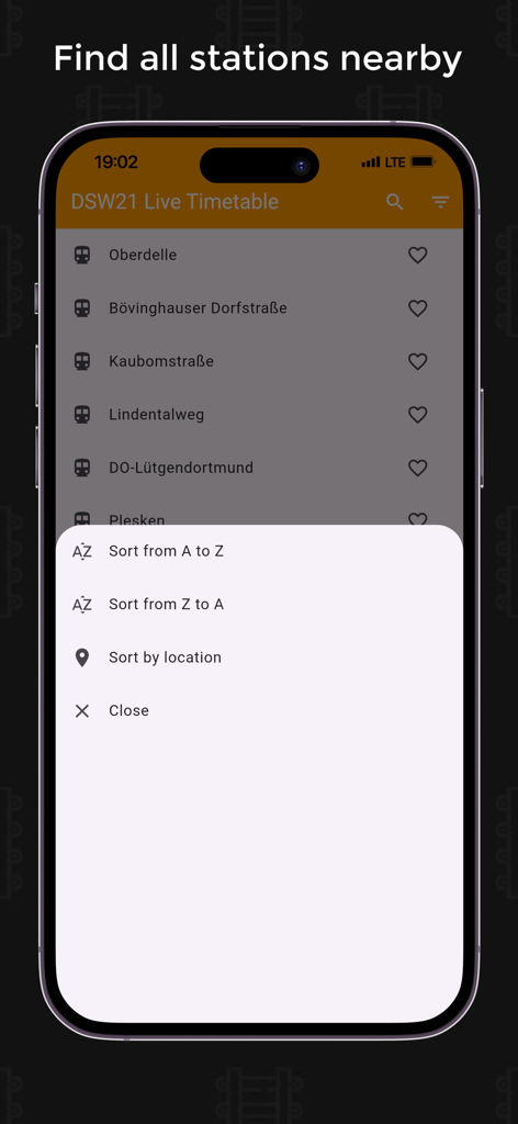 DSW21 Live Timetable - A list of transit stations in Dortmund with sorting options on the DSW21 app