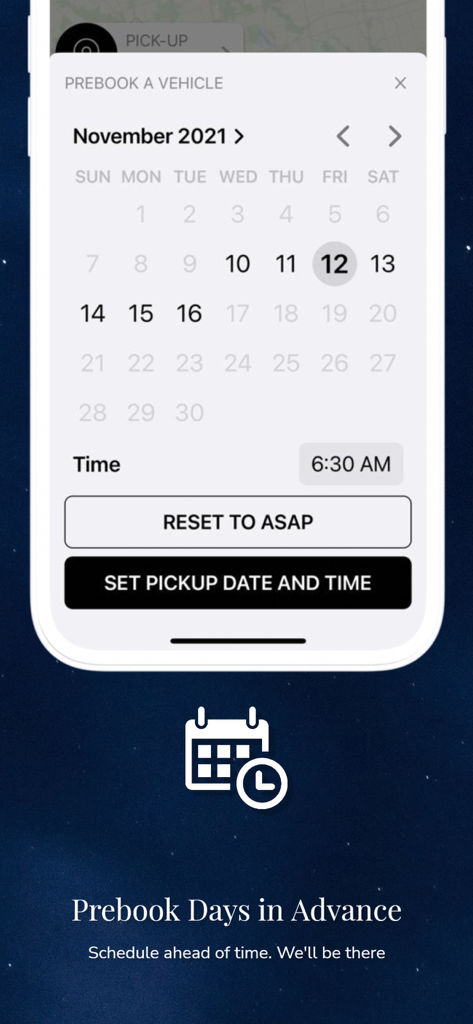 Aeroport Taxi & Limo Service - Aeroport Taxi app screen for scheduling a vehicle in advance with a date and time picker