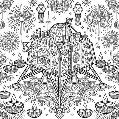 Embark on an extraordinary coloring journey with this unique page featuring a space probe celebrating Diwali. Discover a delightful blend of cosmic exploration and festive traditions, adorned with intricate diyas and vibrant patterns.