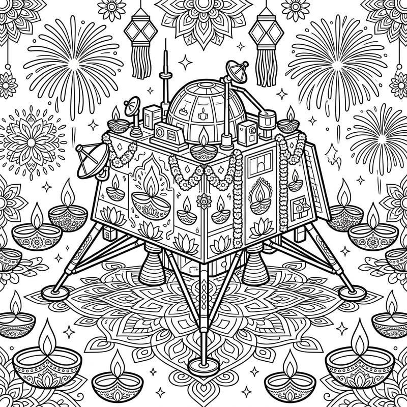 Embark on an extraordinary coloring journey with this unique page featuring a space probe celebrating Diwali. Discover a delightful blend of cosmic exploration and festive traditions, adorned with intricate diyas and vibrant patterns.