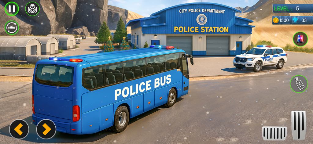 City Police War - Car Games 3D - Autobús policial azul estacionado en una comisaría de policía de la ciudad en un juego simulador 3D
