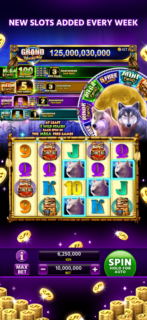 Lucky North Casino Games - Mobile gameplay of a wolf themed slot machine in Lucky North Casino with a large grand jackpot display
