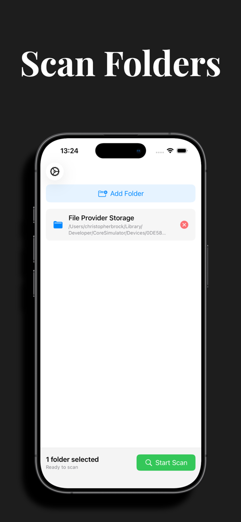 Zero Duplicates Mobile - Zero Duplicates Mobile app screen showing the scan folders interface with a selected storage folder ready to scan for duplicate files