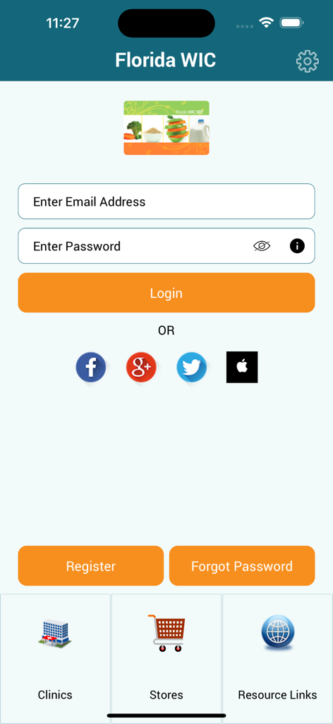 Florida WIC app login screen with fields for email, password, and social login options