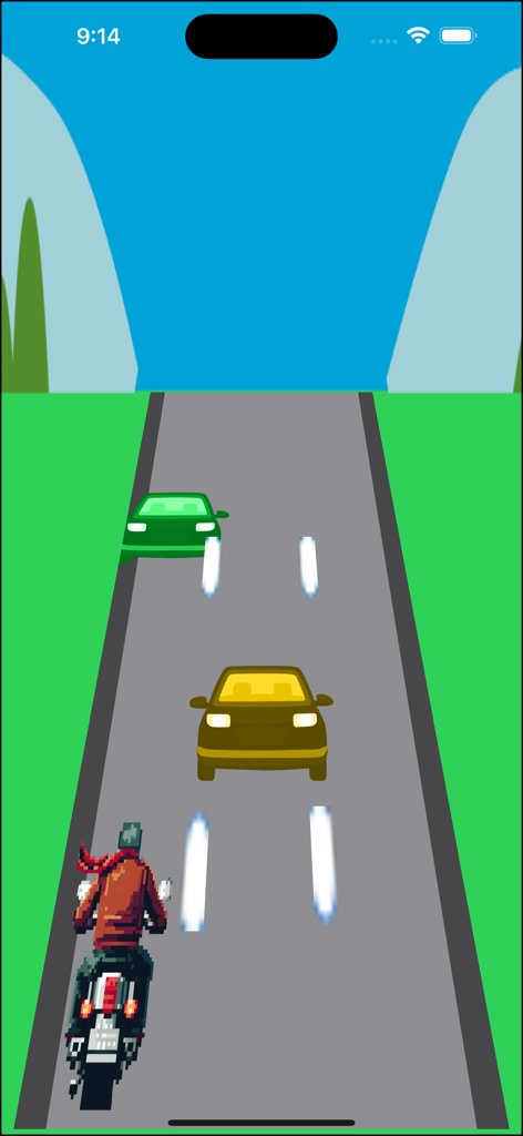MotoRace: Oncoming Fury - A pixel art motorbike rider navigating through traffic on a highway in MotoRace Oncoming Fury.