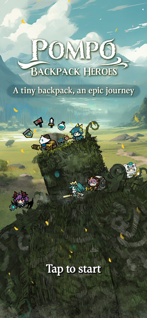 Pompo: Backpack Heroes - Pompo Backpack Heroes title screen showing chibi characters and floating items on a mossy giant