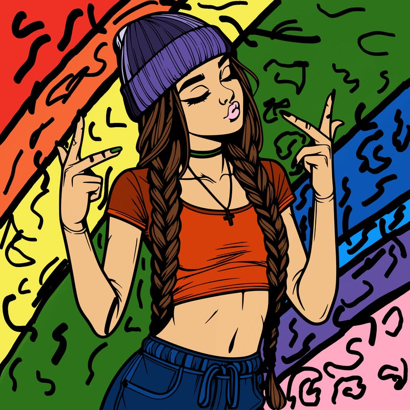 realistic teenage girl with braids and a beanie and crop top doing 🫶🏼
