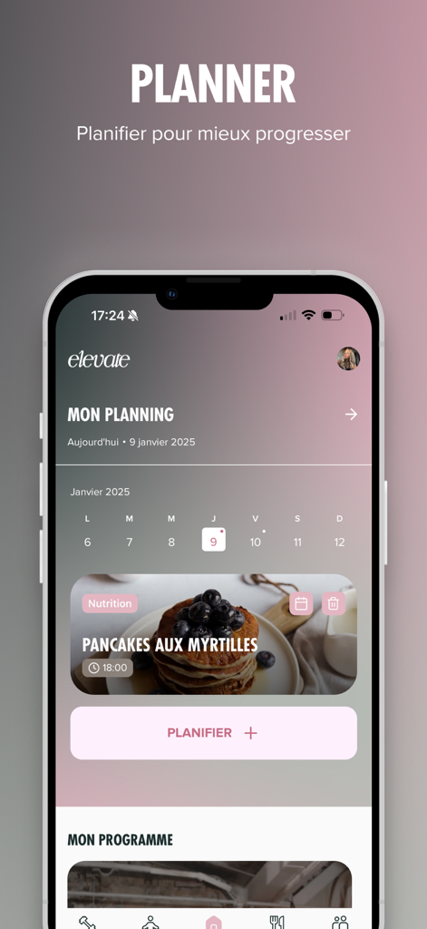 Elevate - Interface de l'application Elevate montrant un planificateur hebdomadaire de fitness et de nutrition avec une recette de pancakes aux myrtilles