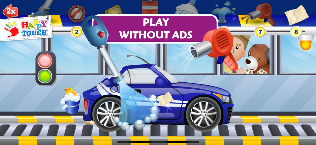 Car-Wash by Happytouch® - 子供向け広告なしアプリHappytouchの洗車で、洗って乾かされている青いスポーツカー。