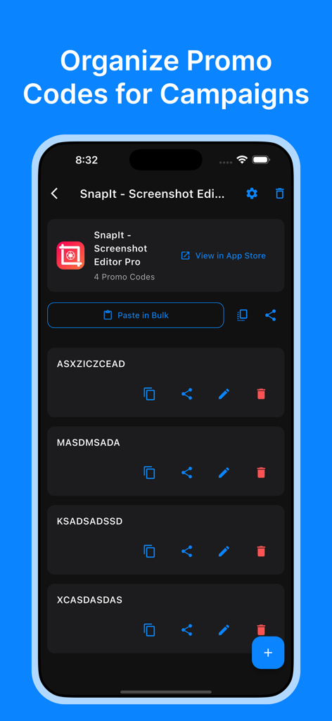 A mobile app interface displaying a list of promotional codes for an app marketing campaign with options to copy and share.