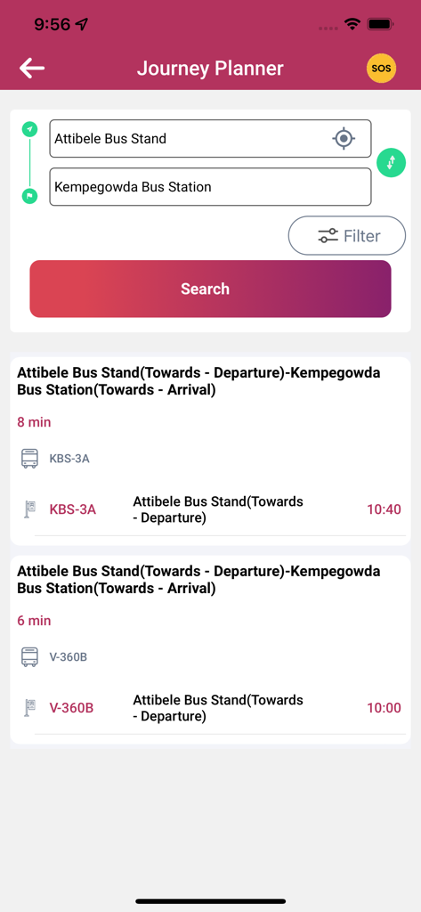 Namma BMTC - Journey planner screen of Namma BMTC app showing bus search results and arrival times