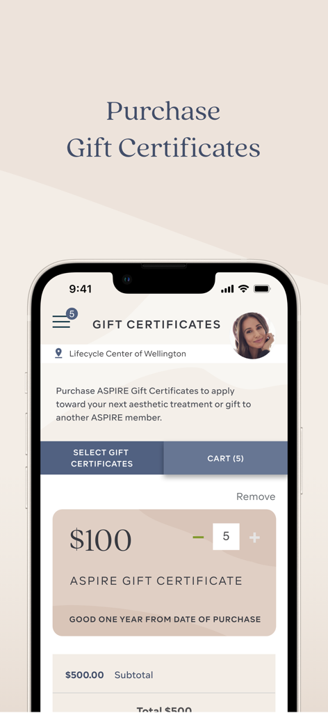 Mobile app screen showing the purchase of ASPIRE gift certificates for aesthetic treatments