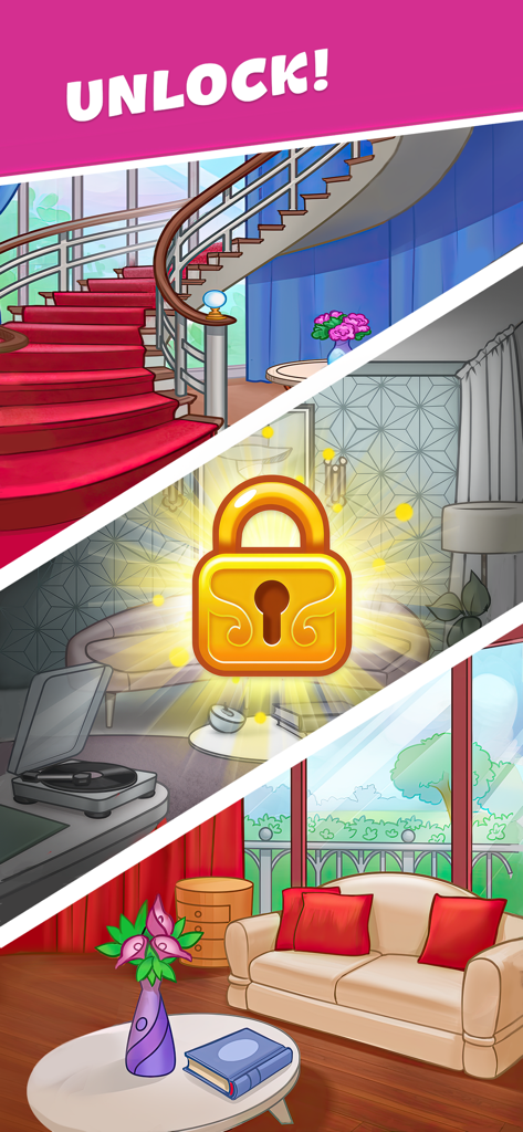 Alice's Hotel - Match Story - Screenshot of Alice's Hotel game showing various hotel rooms to unlock including a grand staircase and living room.