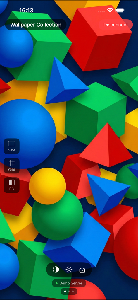 Mirror for Photoshop - Vista previa en tiempo real de una colorida obra de arte geométrica 3D en una pantalla móvil con herramientas de superposición de diseño