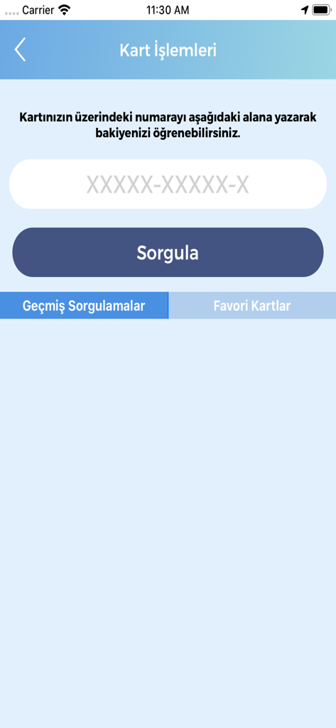 The card transactions screen of the e-komobil app where users can enter their card number to check their balance.
