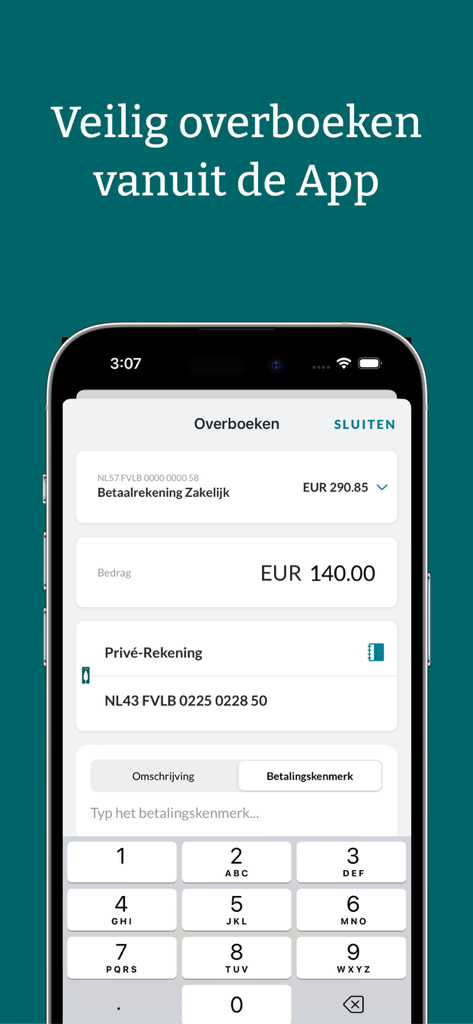 Interfaz de la aplicación móvil para realizar transferencias bancarias seguras dentro de la aplicación de Banca Privada
