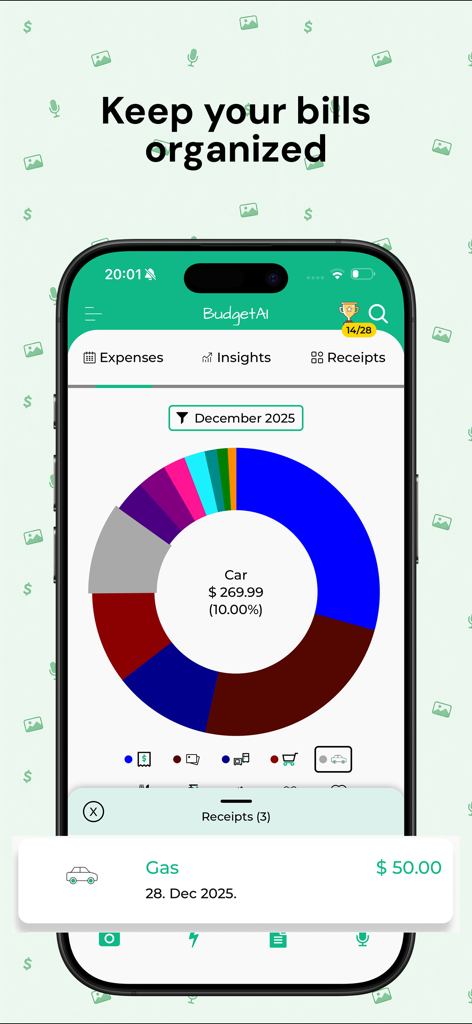 Bill Organizer - BudgetAI - BudgetAI app interface showing a colorful spending category chart and monthly expense insights