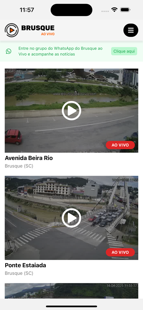 ブラジルのブルスケの都市交通とランドマークのリアルタイムカメラフィードを示すモバイルアプリインターフェイス