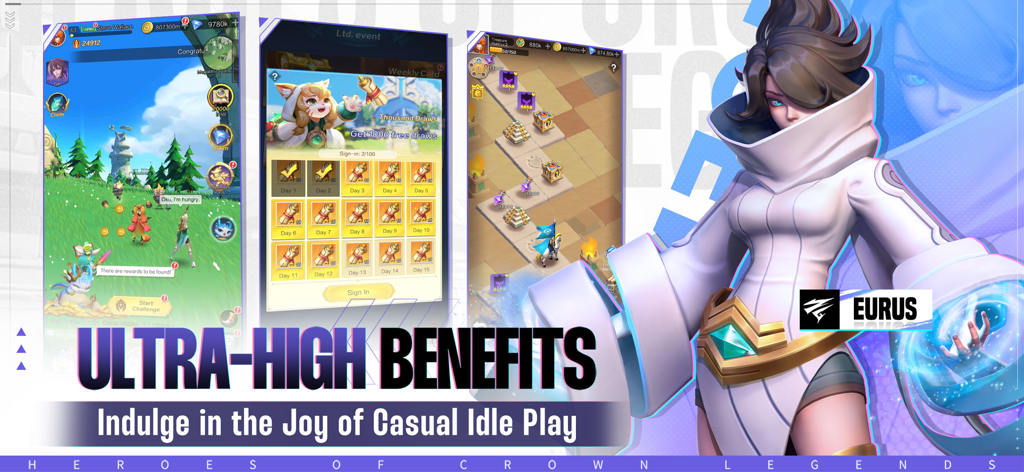 Heroes of Crown: Legends - Promotional banner for Heroes of Crown Legends featuring character Eurus and daily login rewards for casual idle gameplay