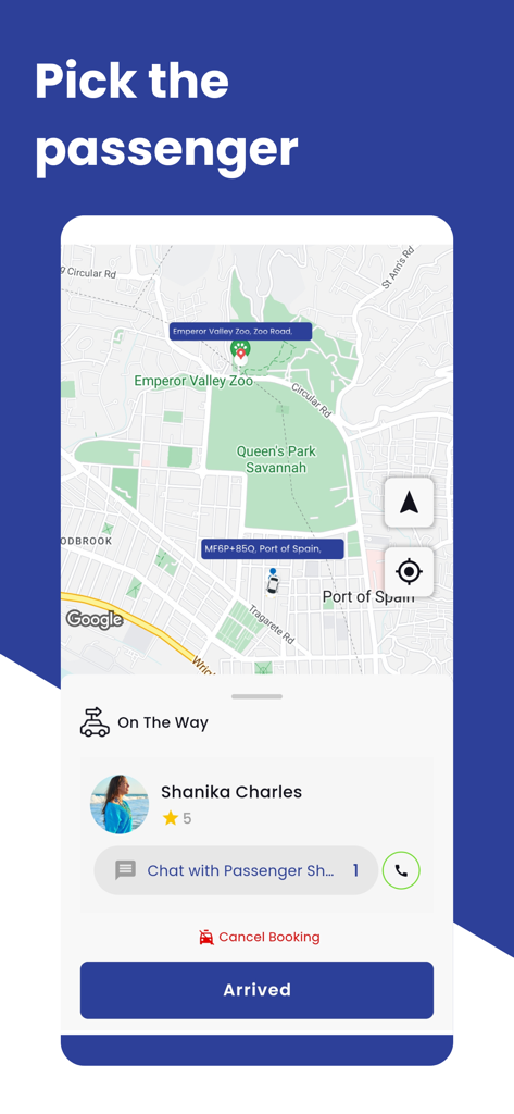 TrucabTT Driver app interface showing a passenger pickup screen with map and Arrived button