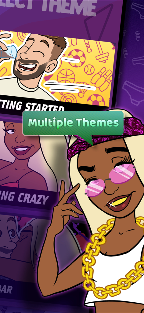 Partybus · Party Games - Partybus app screen displaying multiple game themes and cartoon avatars