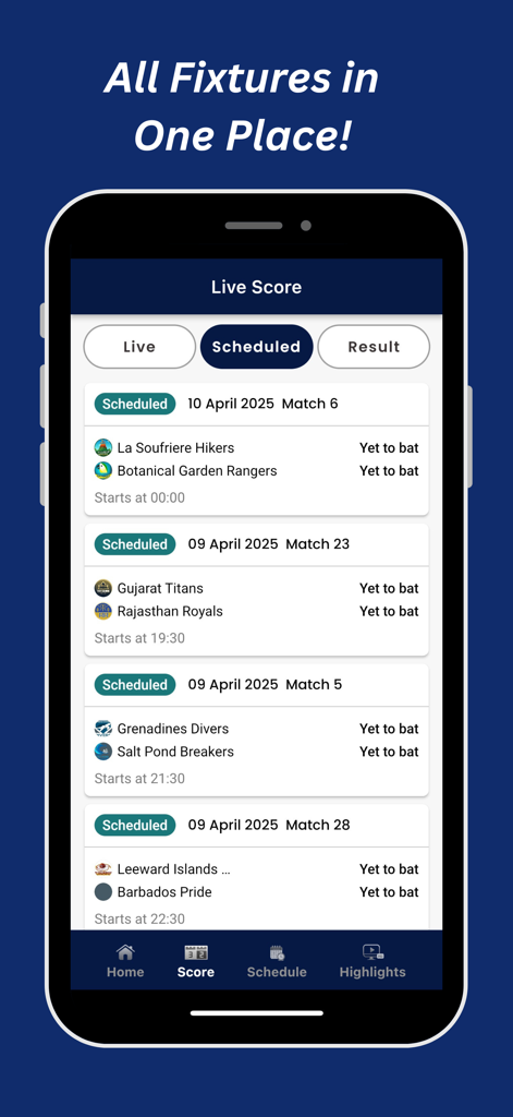Styxsports - Styxsports app interface showing a list of scheduled cricket match fixtures including teams and dates