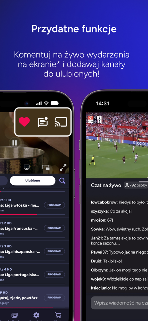 Interfaz de la aplicación móvil Pilot WP mostrando transmisión de deportes en vivo con chat interactivo y funciones de favoritos