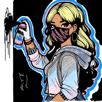 realistic girl with mask spray painting a wall