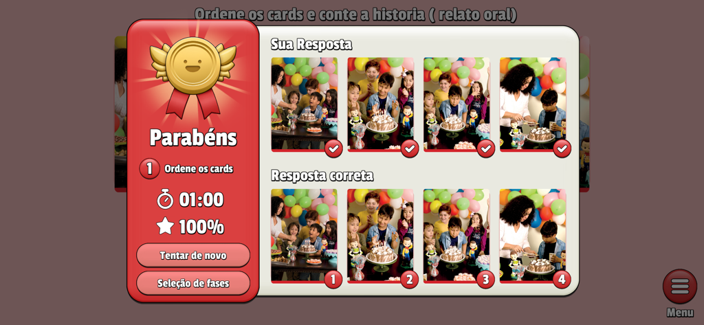 Conto & Reconto - Congratulatory screen showing a completed four-card birthday party sequencing task with 100 percent accuracy