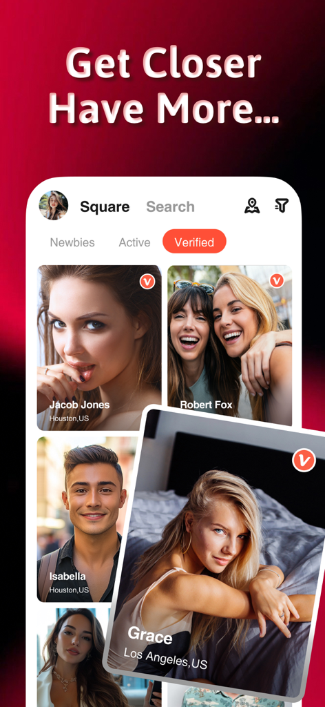 A mobile interface for the 3rder dating app showing a feed of verified profiles for singles and couples.