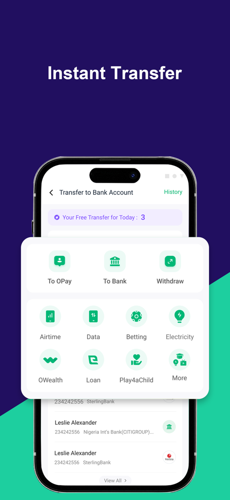 OPay app screenshot displaying instant transfer and utility payment features