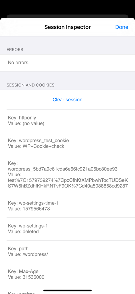 DraftCode session inspector screen showing PHP session and cookie values for WordPress
