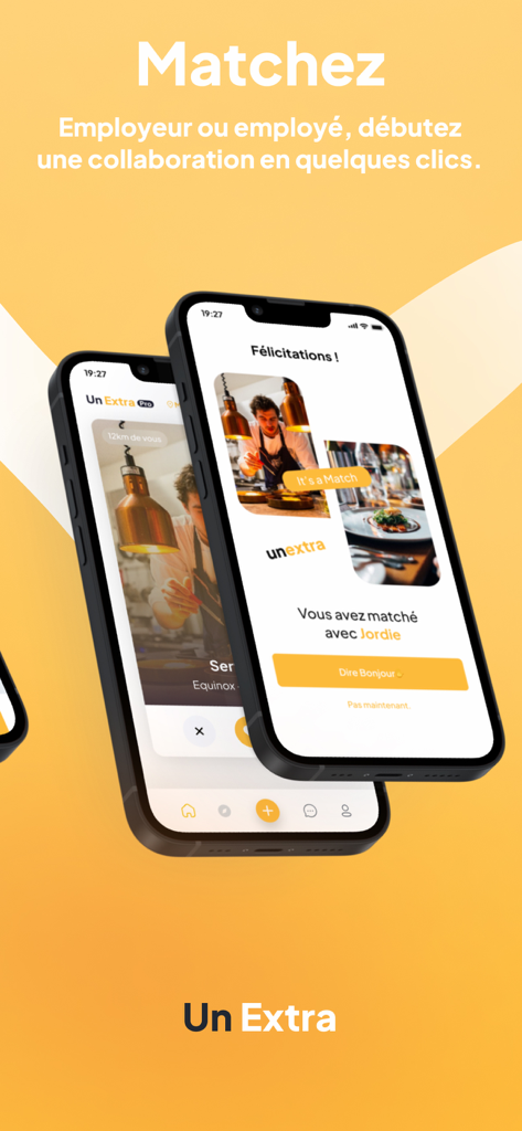 Un Extra - Smartphone-Bildschirme, die die Matching-Funktion zwischen Arbeitgebern und Personal in der Un Extra App zeigen