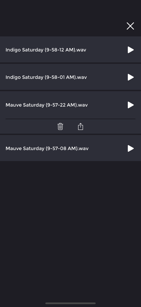 Loopfield : field recorder - Interface of Loopfield app displaying a list of recorded wav audio files with playback and export icons