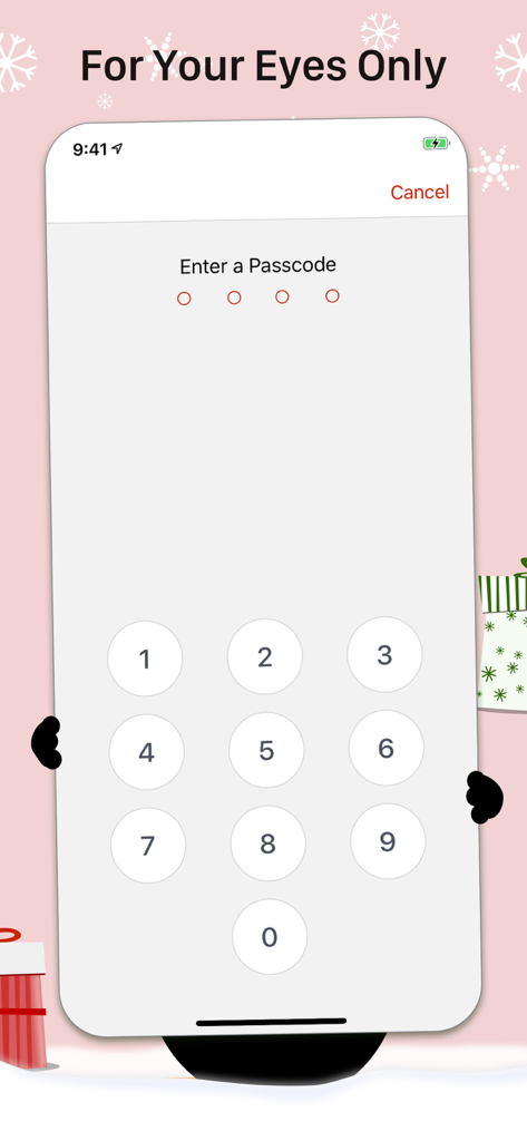 The Christmas List - Secure passcode entry screen in The Christmas List app for holiday shopping privacy