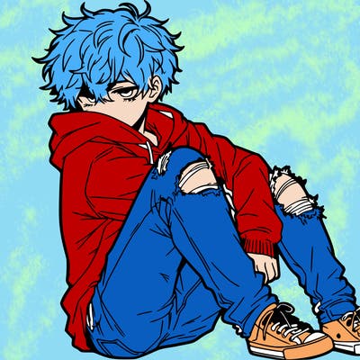 a male hoddie ripped jeans messy hair anime