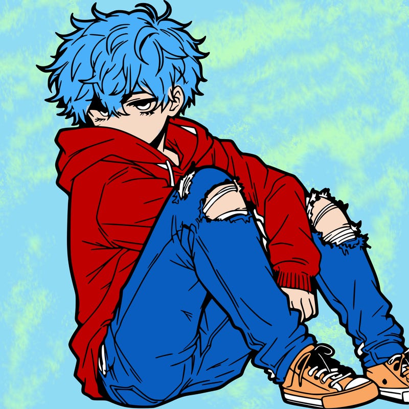 a male hoddie ripped jeans messy hair anime