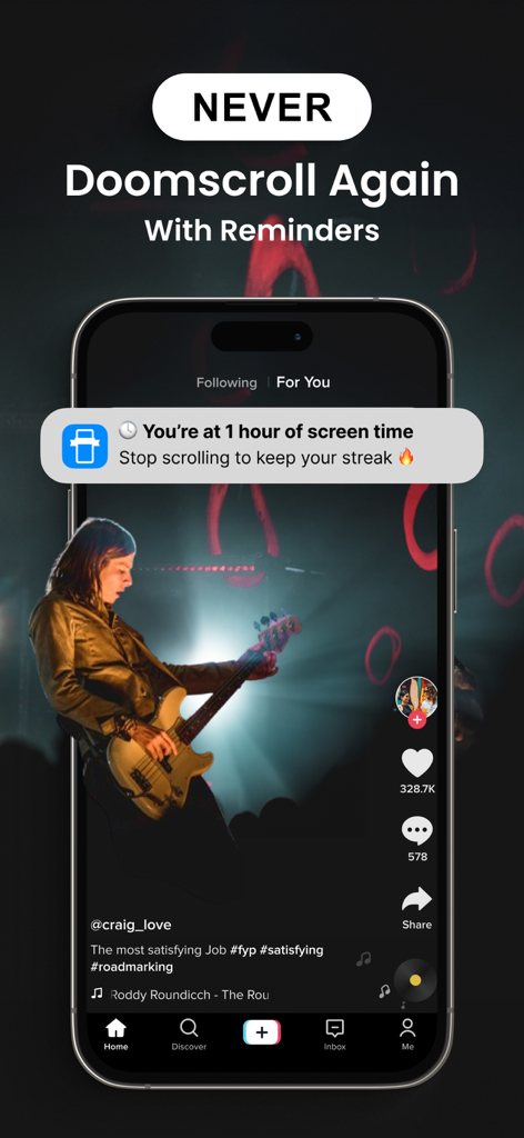 A mobile phone showing a BePresent notification reminder to stop doomscrolling and maintain a screen time streak